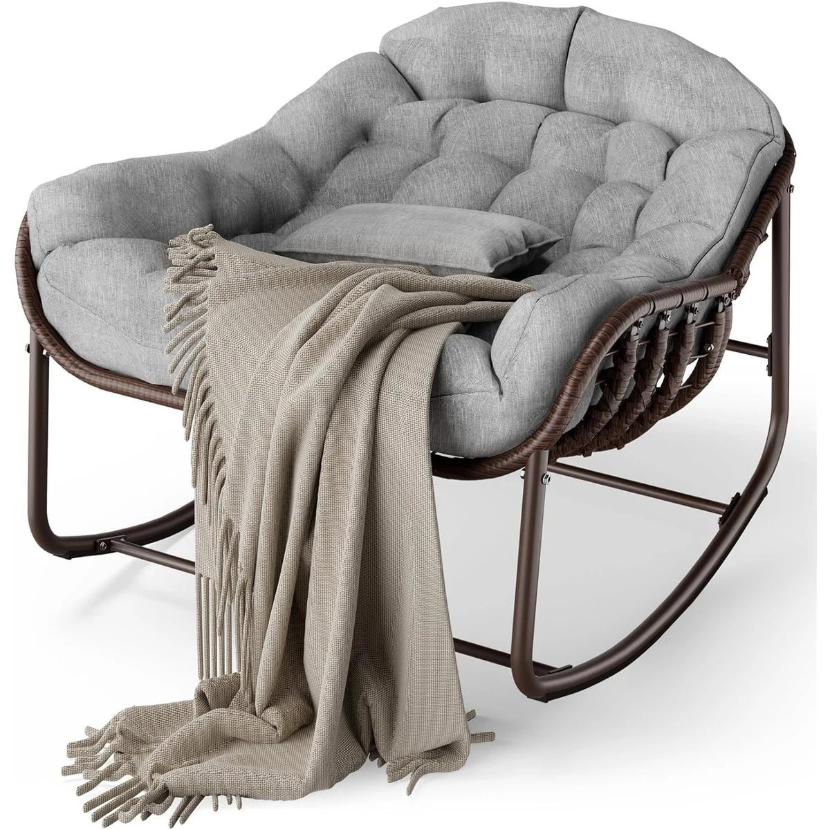 HiMISS Outdoor Papasan Egg Rocking Chair With Cushioned Wicker Seat
