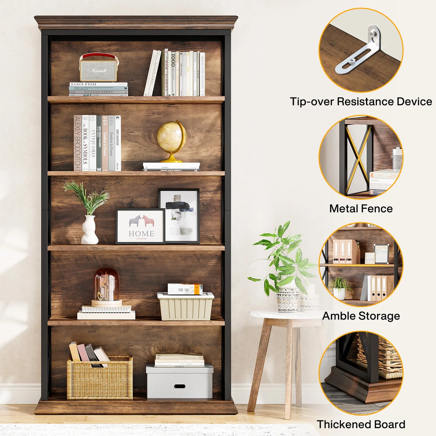 Tribesigns Industrial 5 Shelf Bookcase Wood Floor Standing Storage