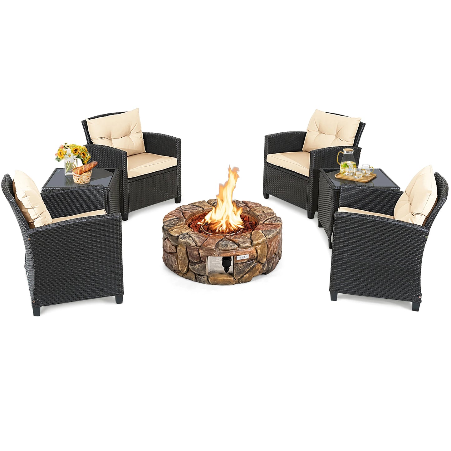HOMASIS 7-Piece Patio Rattan Wicker Set With Gas Fire Pit