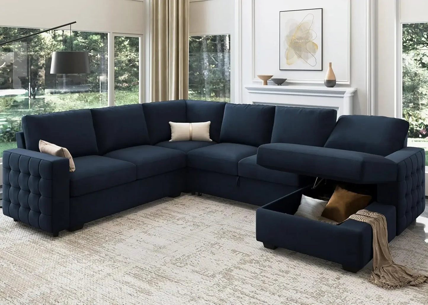 U Shape Sectional Sleeper Sofa With Storage Chaise