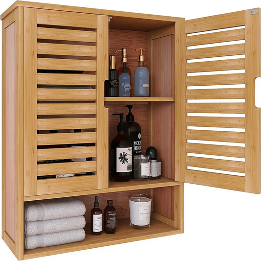 Natural Bamboo Wall Mounted Bathroom Cabinet 3 Tier Storage Shelf