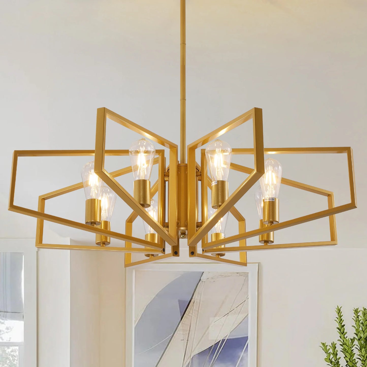 8 Light Geometric Chandelier With Adjustable Height Metal Pendant