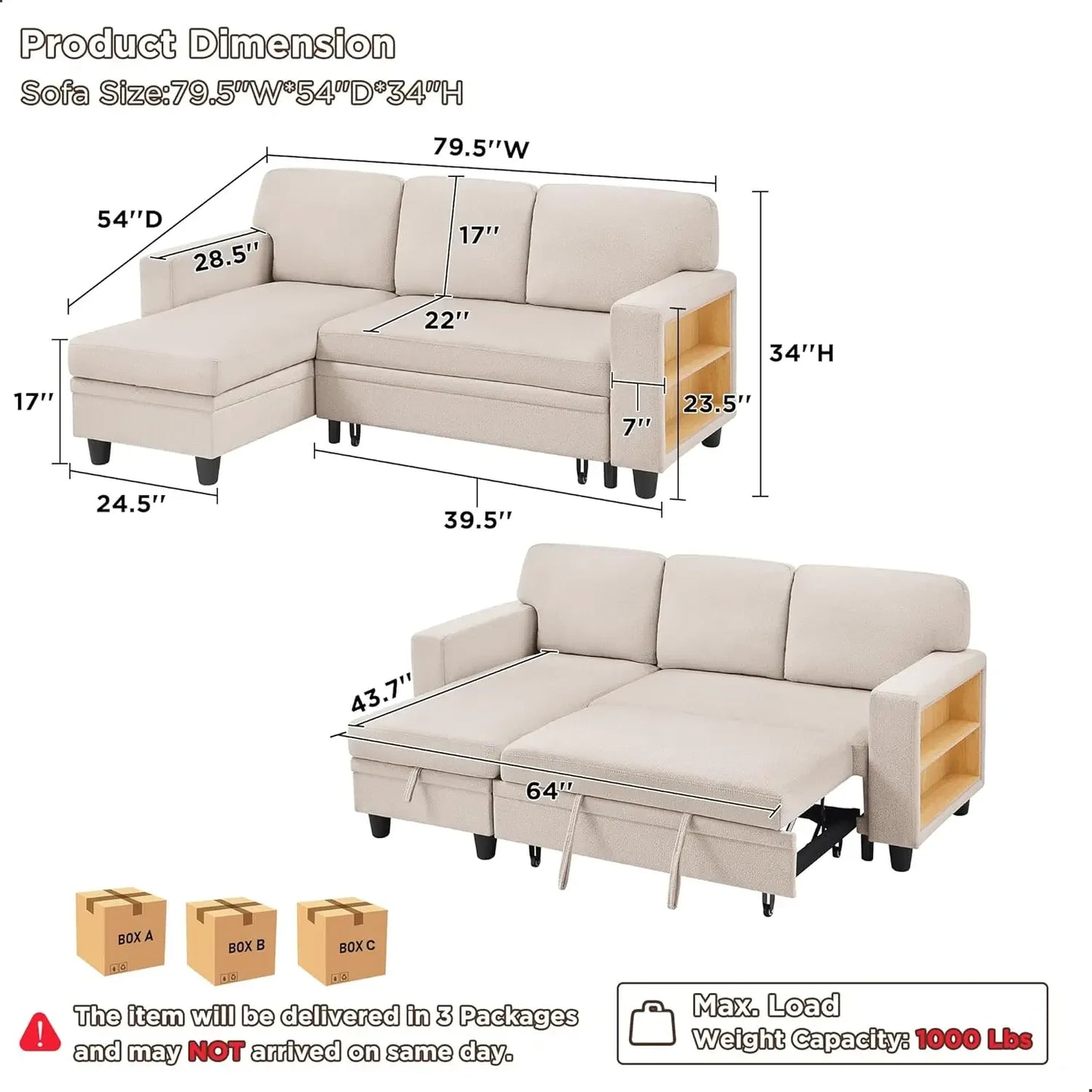 L Shaped Convertible Sleeper Sofa Bed With Storage Bookshelves USB
