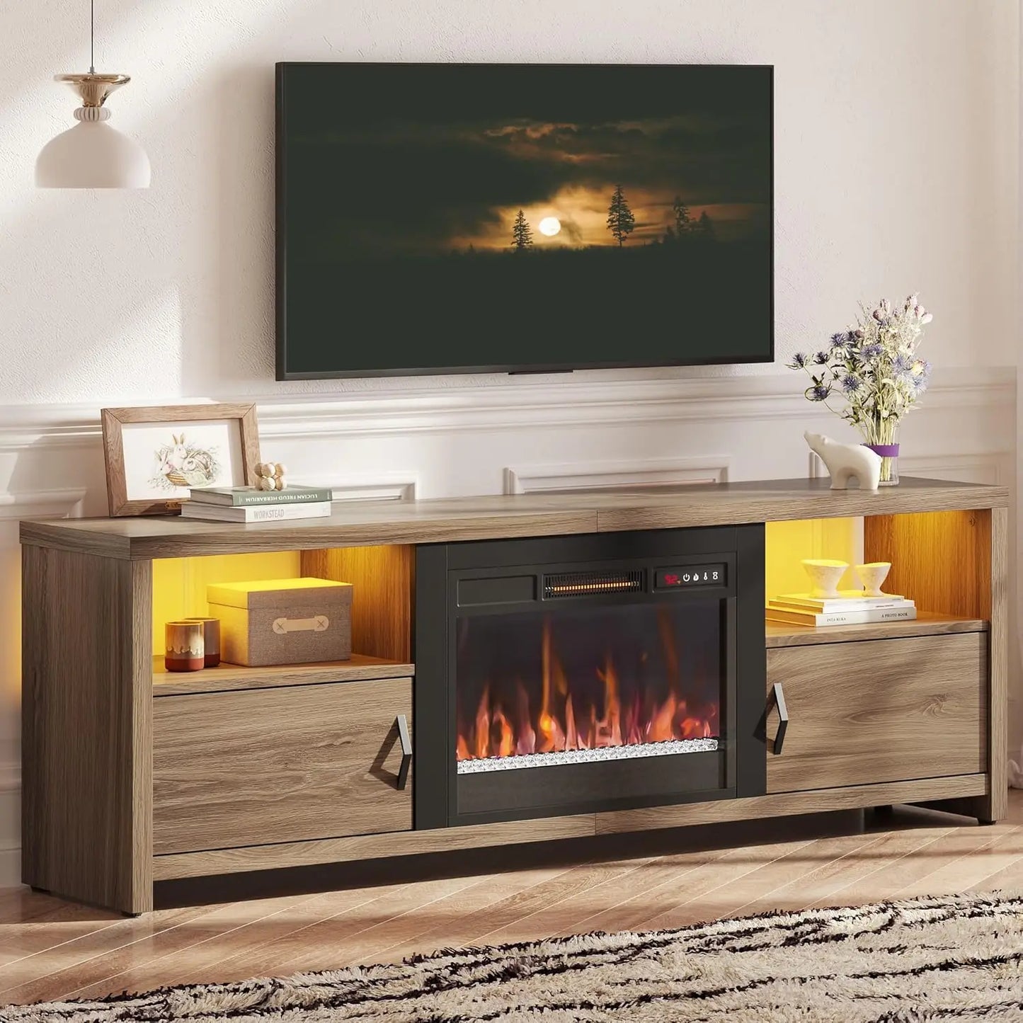 Electric Fireplace TV Stand With LED Lights And Storage Cabinets