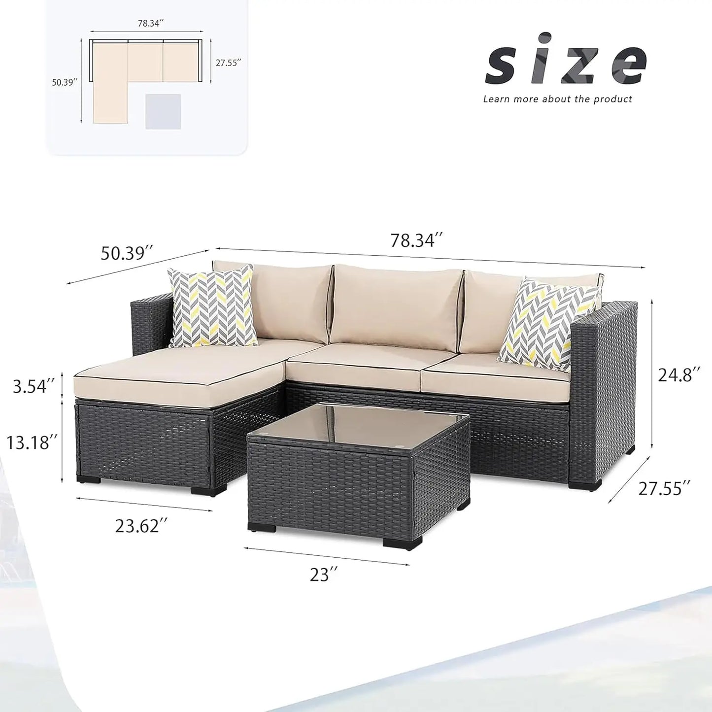 Outdoor 3 Piece Sectional Set With Glass Table And Cushions