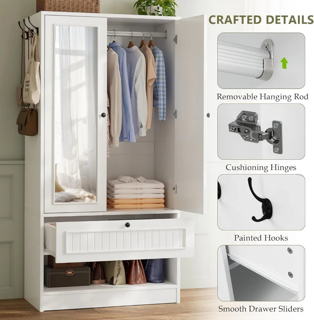 Wood Armoire Wardrobe Closet With Mirror Door And Drawer