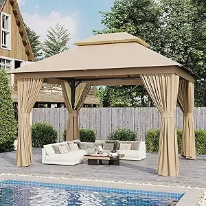 XMSJ Weatherproof Outdoor Gazebo Canopy With Double Roofs AllSeason MosquitoNetPro