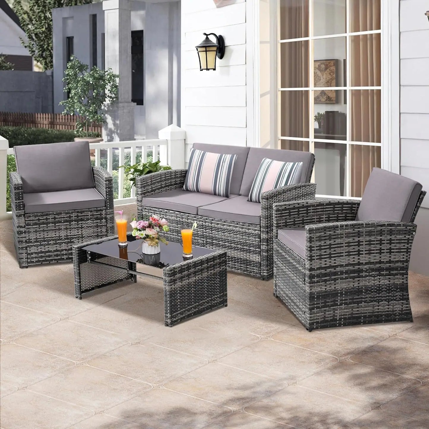 Outdoor 4 Piece Patio Conversation Set Rattan Sectional Sofa Cushioned