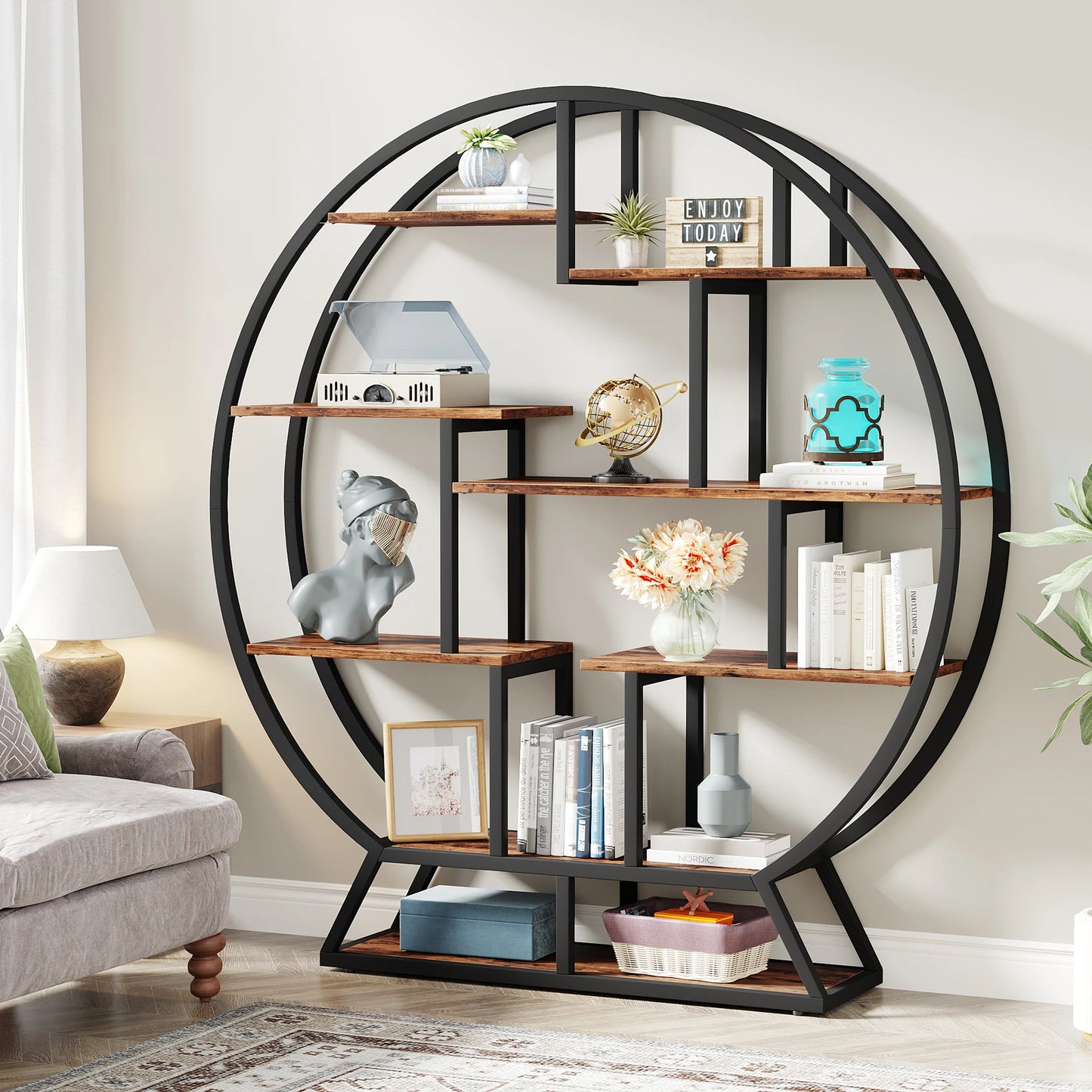 Tribesigns Round Bookshelf Etagere Five Tier Industrial Wood Bookcase