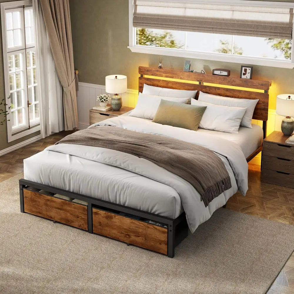 Wood Headboard Bed Frame With Storage Drawers And LED Lights