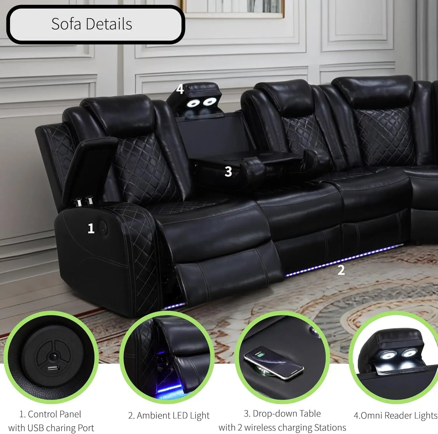 Power Recliner Sectional Sofa With LED Light For Living Room