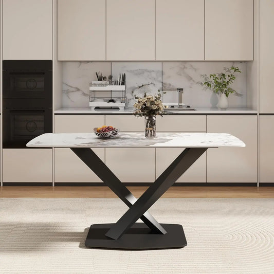 Sintered Stone Dining Table With Marble Top Carbon Steel Base