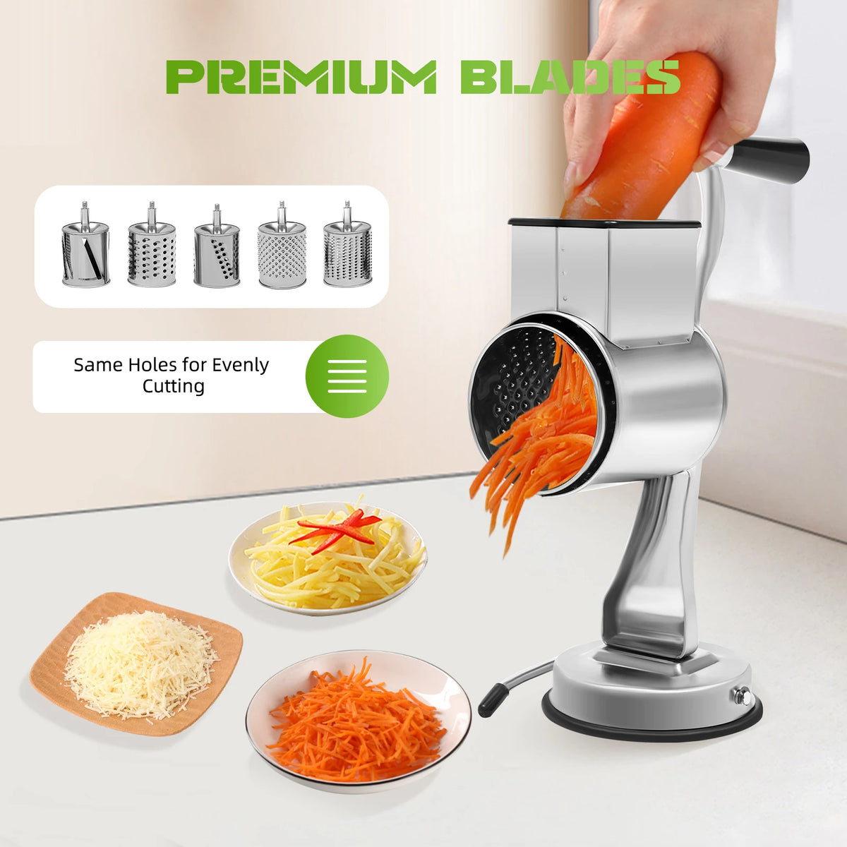 Manual Rotary Grater With Five Stainless Steel Blades Vegetable Slicer