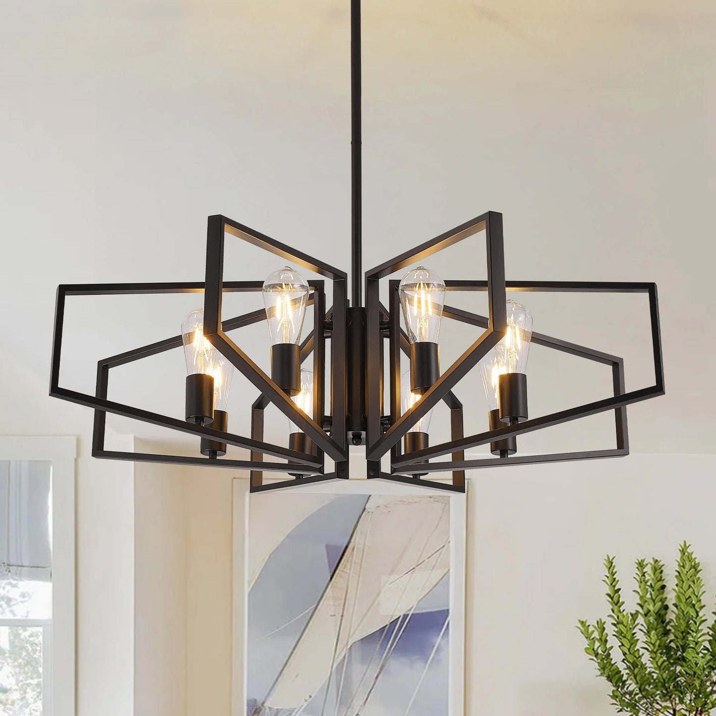 8 Light Geometric Chandelier With Adjustable Height Metal Pendant