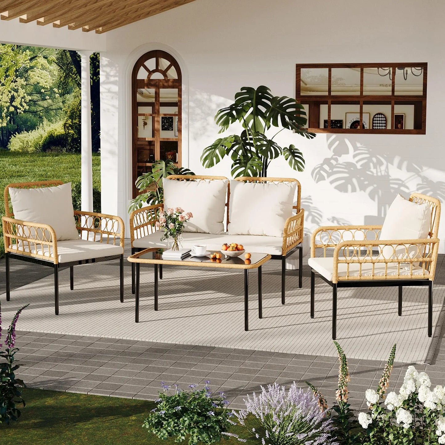 HiMISS 4-Piece Rattan Patio Set With Glass Table Outdoor
