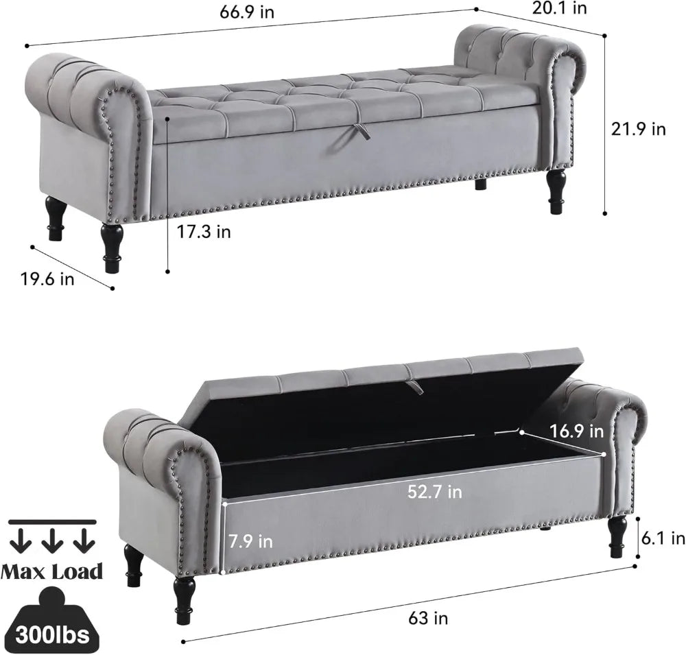 Velvet Tufted Storage Bench With Arms For Bedroom Living Room