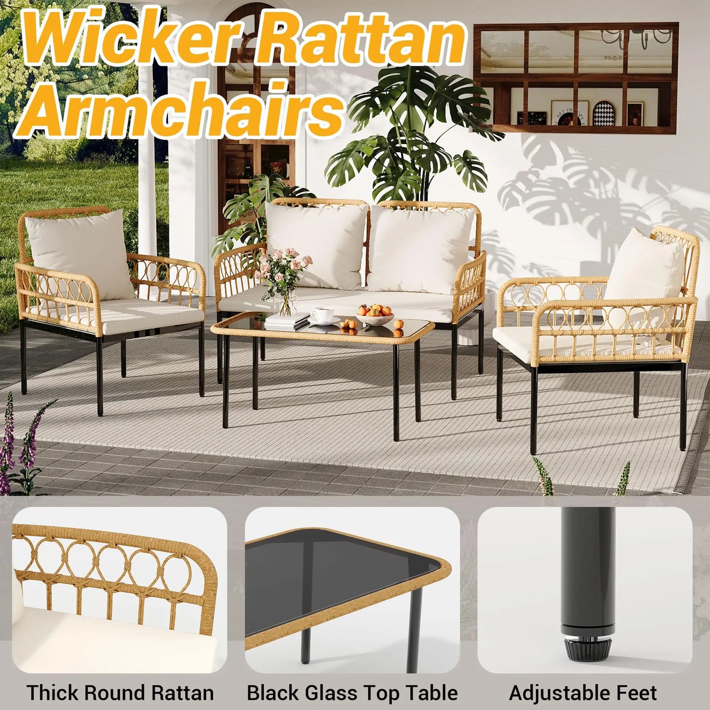 HiMISS 4-Piece Rattan Patio Set With Glass Table Outdoor