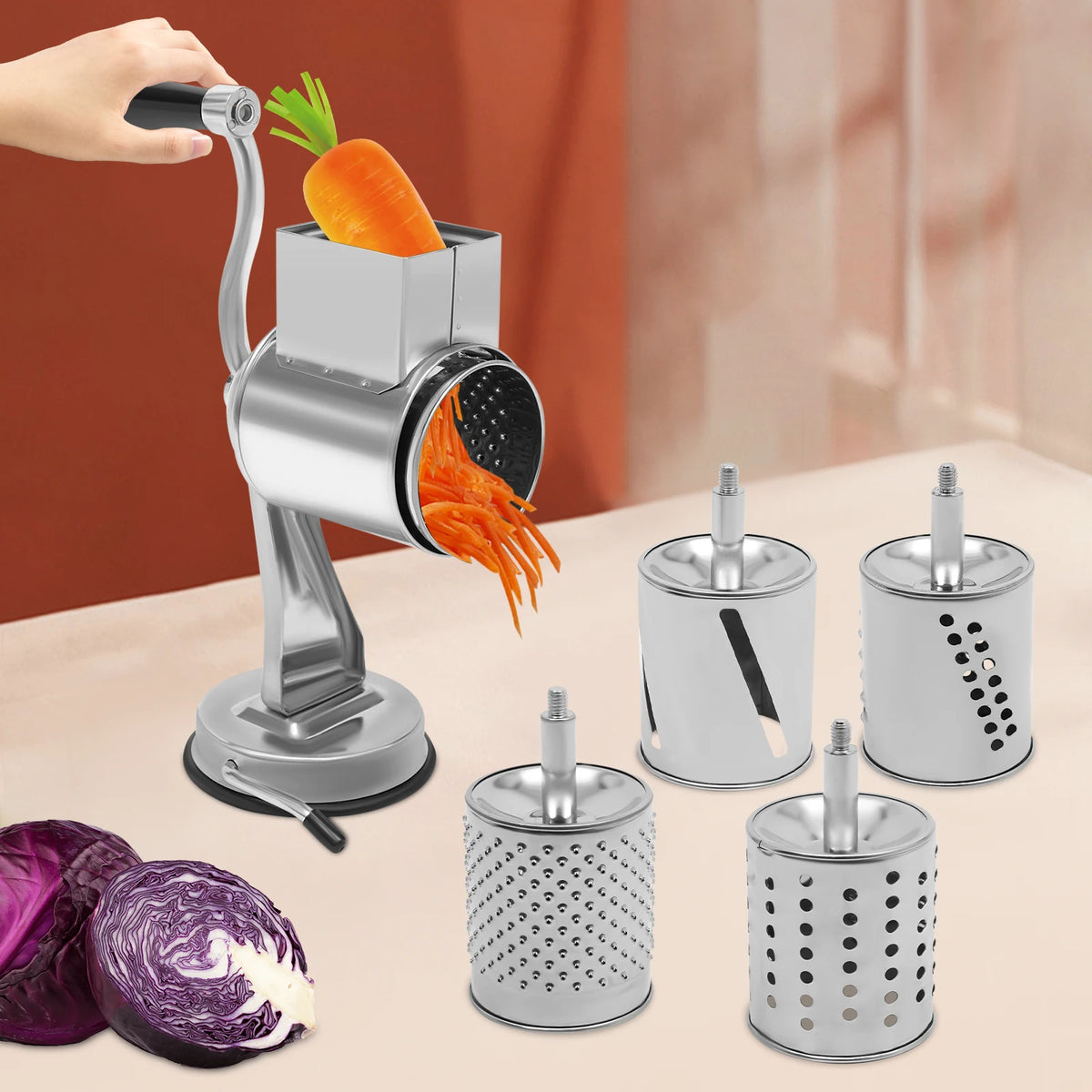 Manual Rotary Grater With Five Stainless Steel Blades Vegetable Slicer