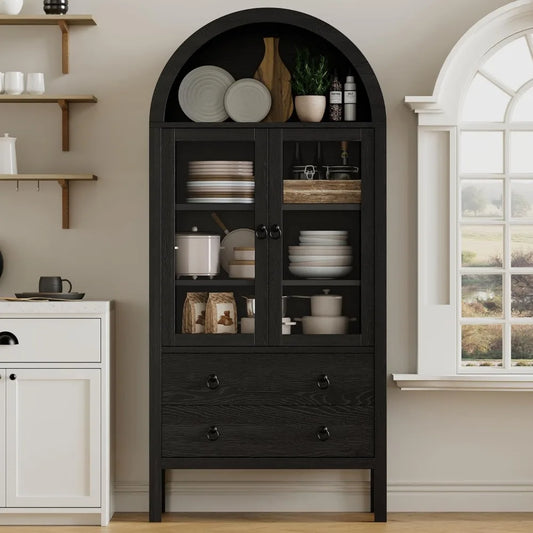 Arched Wooden Pantry Cabinet With Doors And Adjustable Shelf