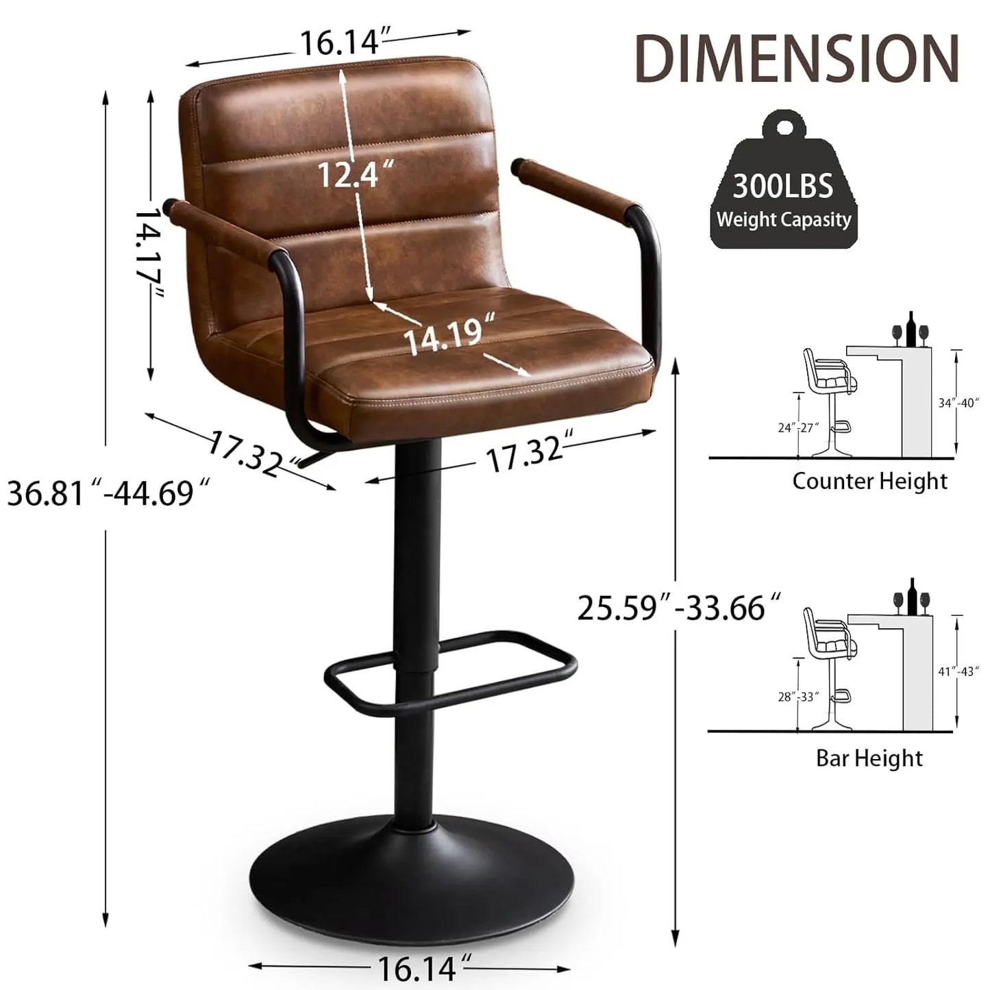 PU Leather Bar Stools Set Of 2 With Swivel Backrests