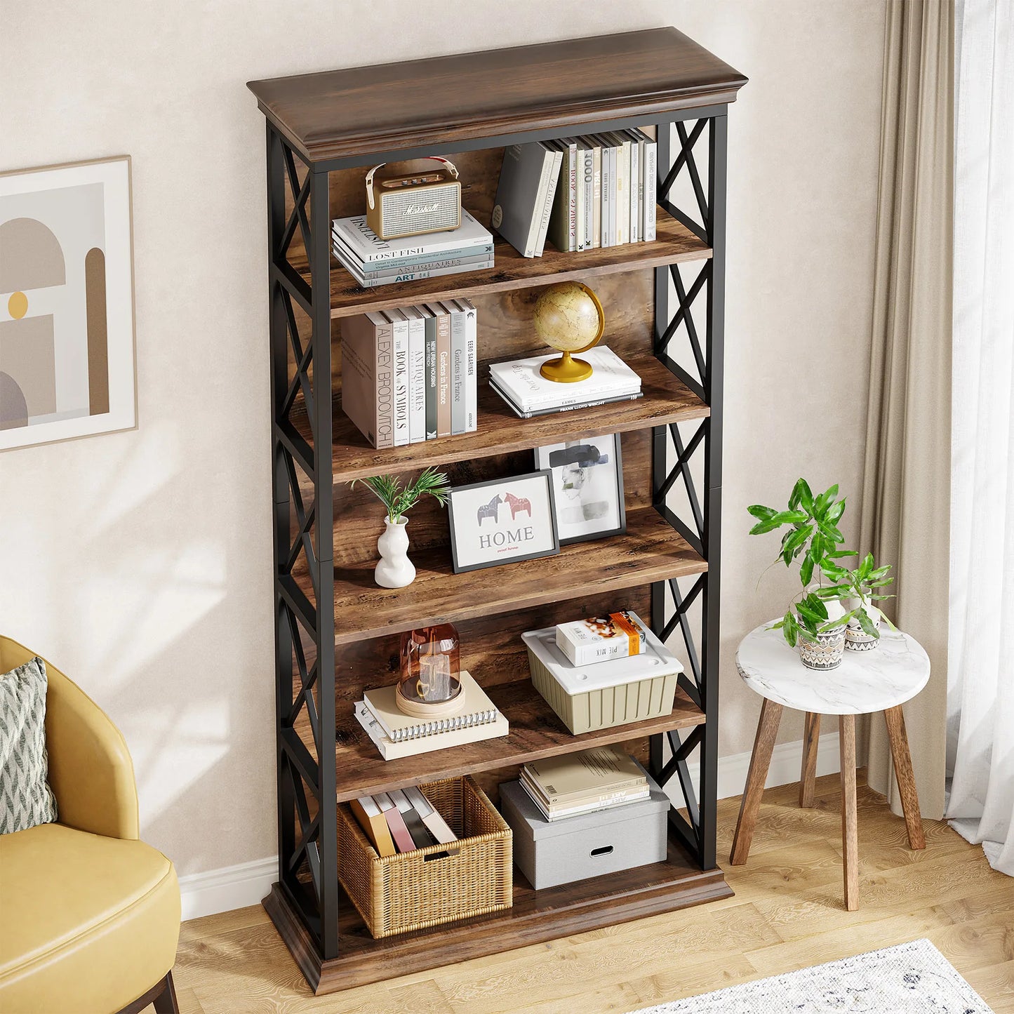Tribesigns Industrial 5 Shelf Bookcase Wood Floor Standing Storage
