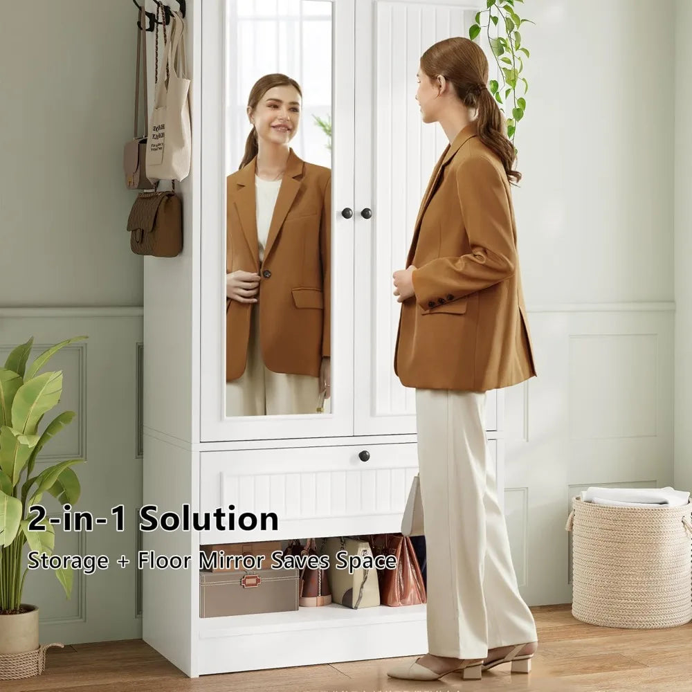 Wood Armoire Wardrobe Closet With Mirror Door And Drawer