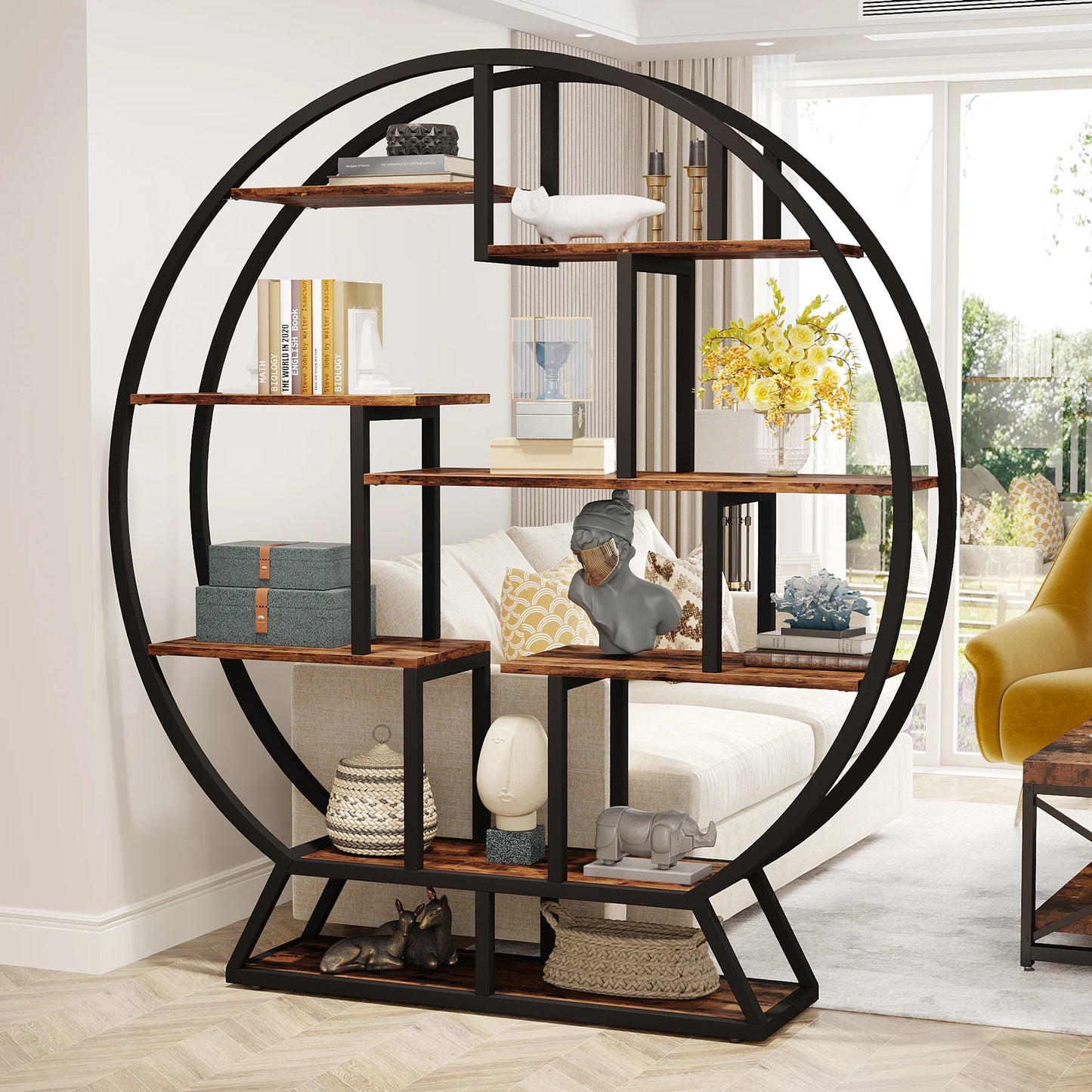 Tribesigns Round Bookshelf Etagere Five Tier Industrial Wood Bookcase