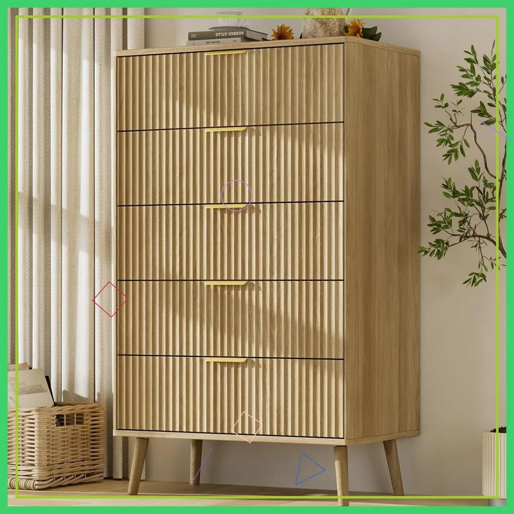 Modern Fluted 5 Drawer Dresser In Oak Finish For Bedroom