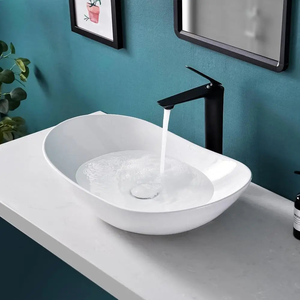 Ceramic Oval Vessel Sink With Pop-Up Drain For Above-Counter Bathroom