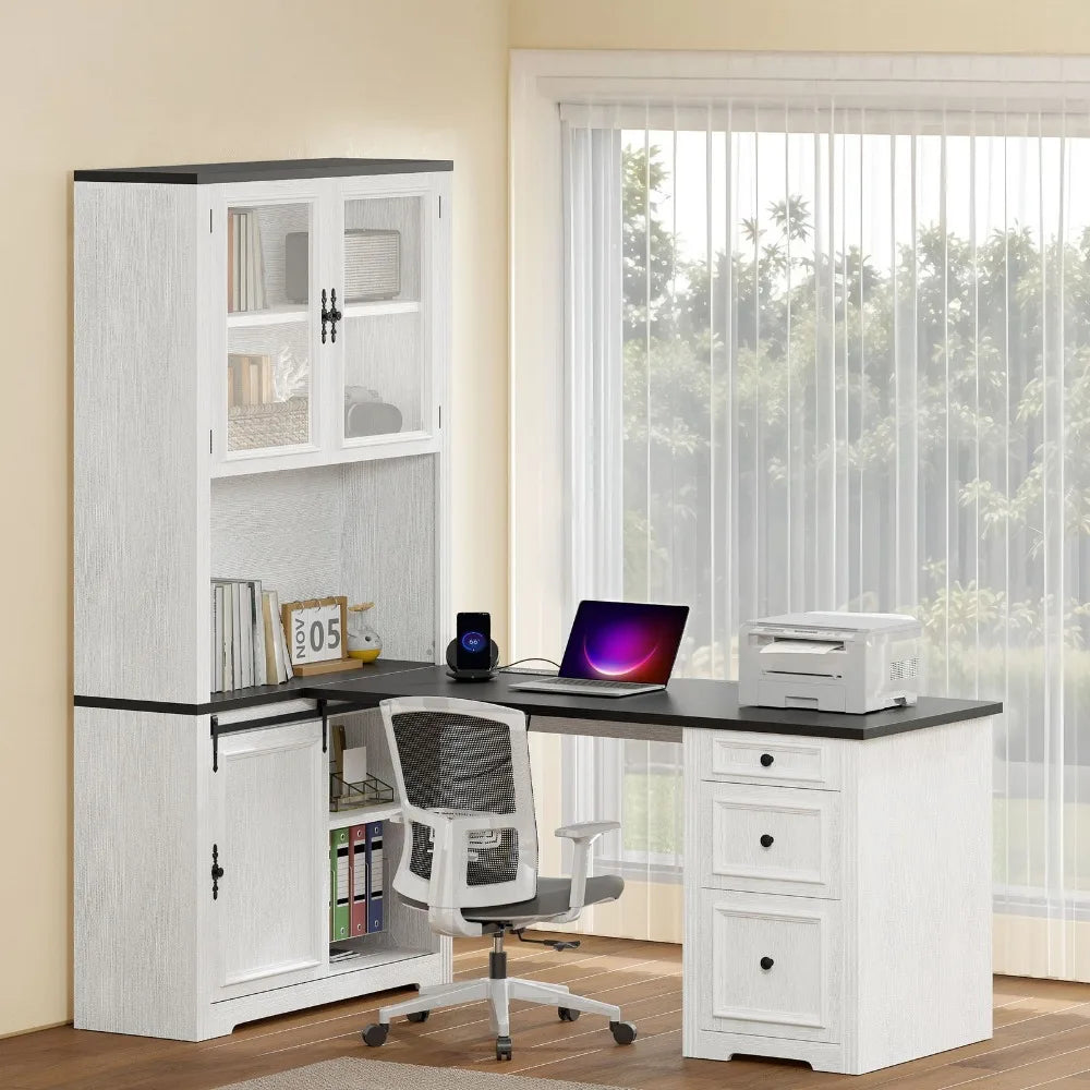 L Shaped Executive Desk With Hutch Drawers And Power Outlet