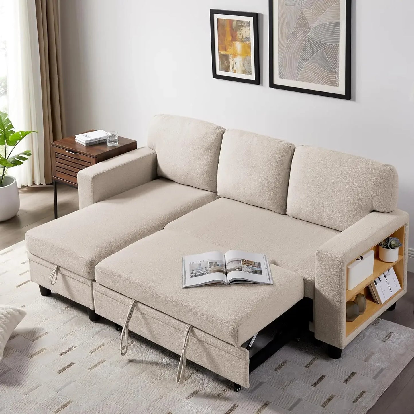 L Shaped Convertible Sleeper Sofa Bed With Storage Bookshelves USB