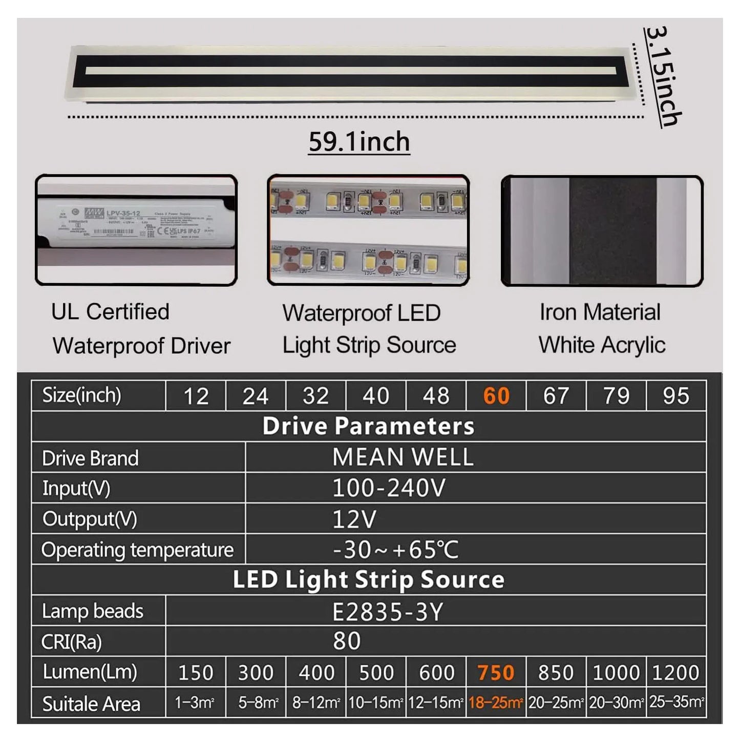 Outdoor Long Strip Modern LED Wall Sconce Fixture IP67 Frosted Acrylic