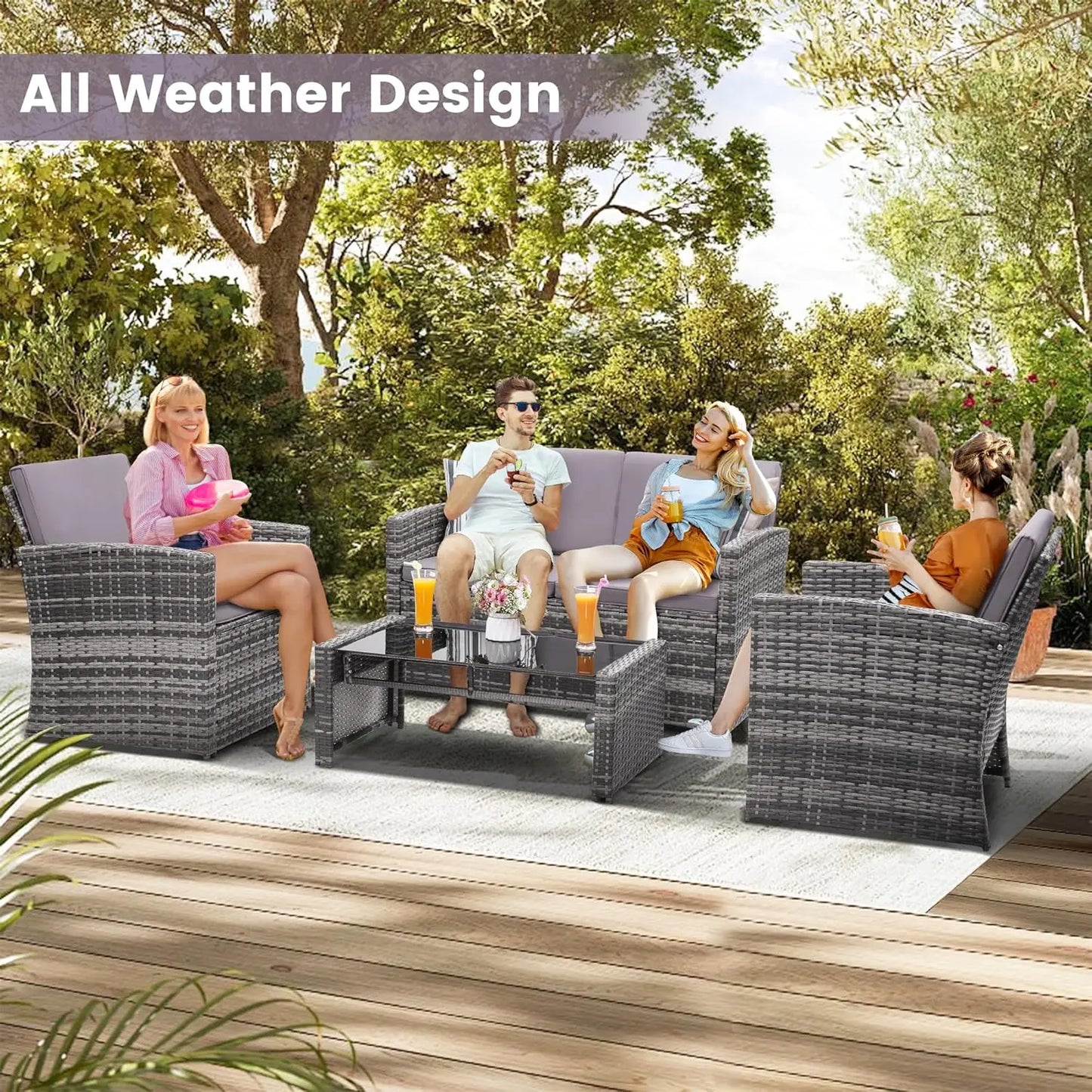 Outdoor 4 Piece Patio Conversation Set Rattan Sectional Sofa Cushioned