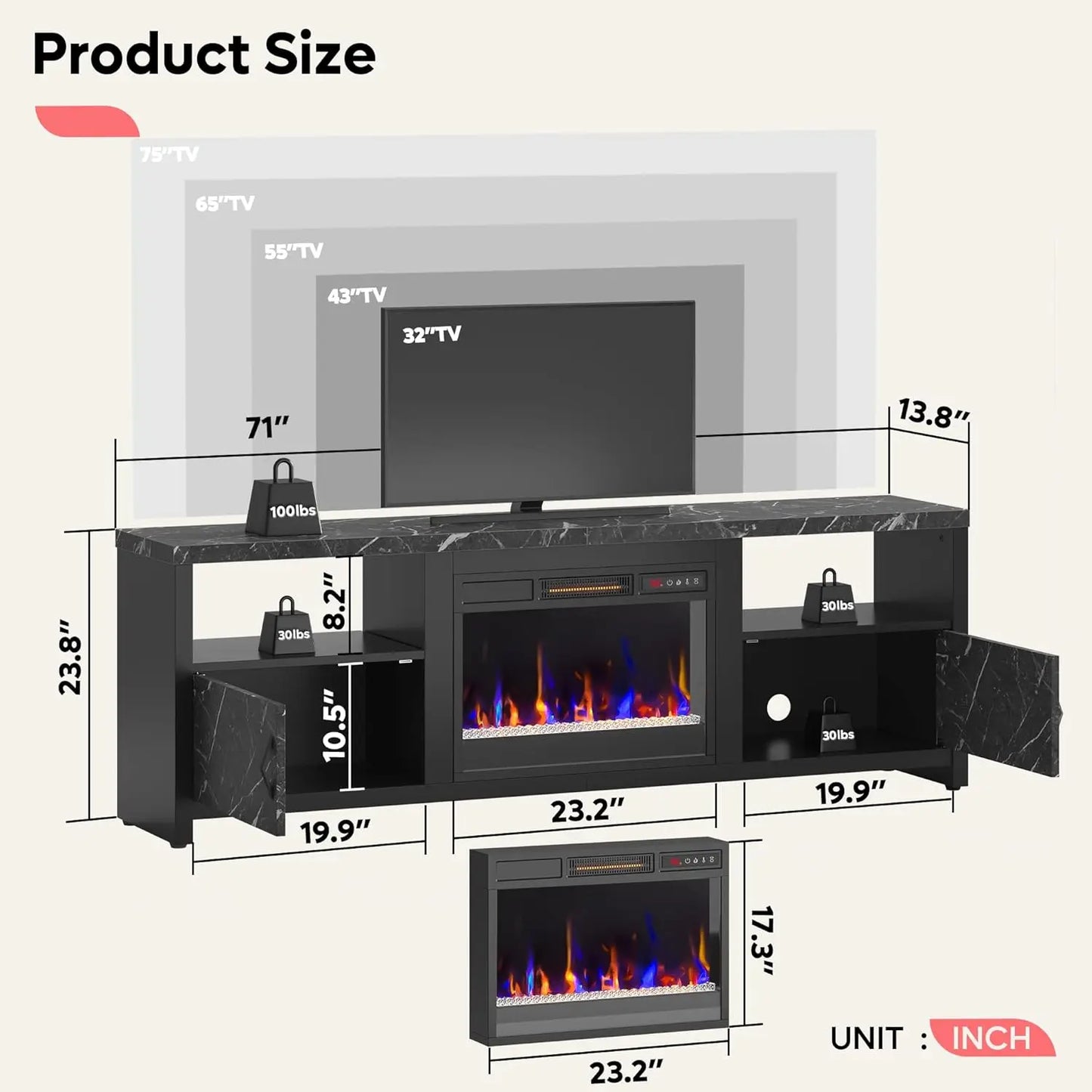 Electric Fireplace TV Stand With LED Lights And Storage Cabinets
