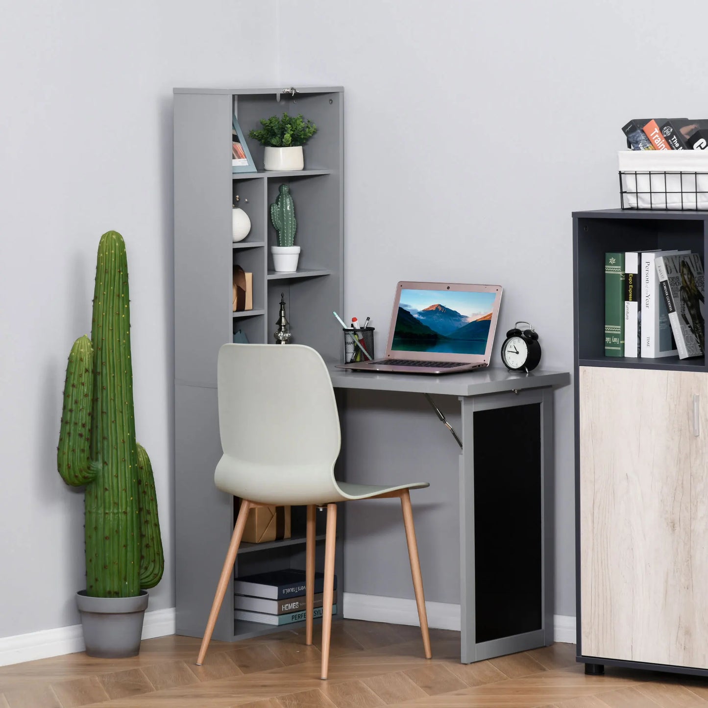 HOMCOM Foldout Convertible Office Desk With Blackboard And Shelf