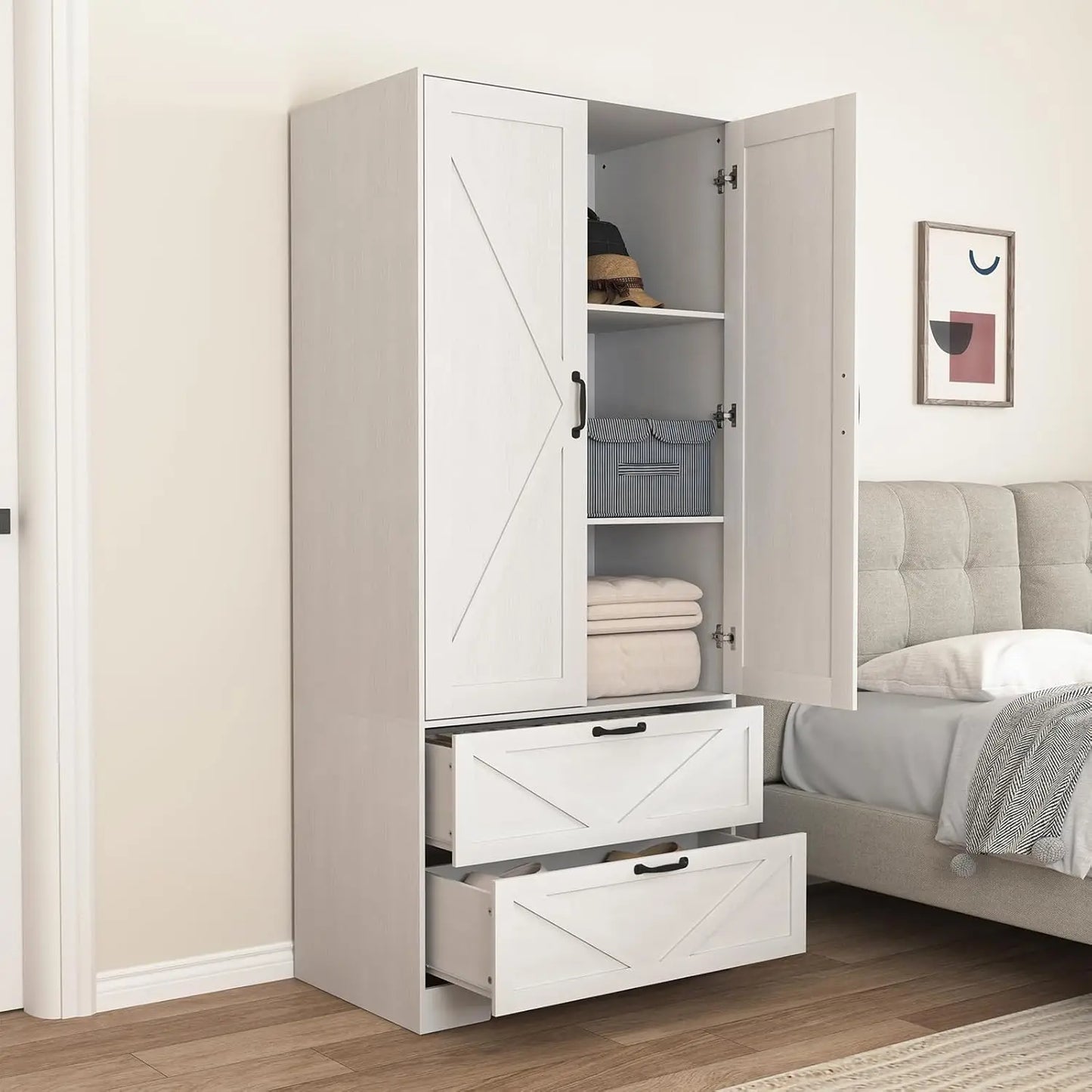 Armoire Wardrobe Closet With Mirror Doors And Hanging Rod Storage