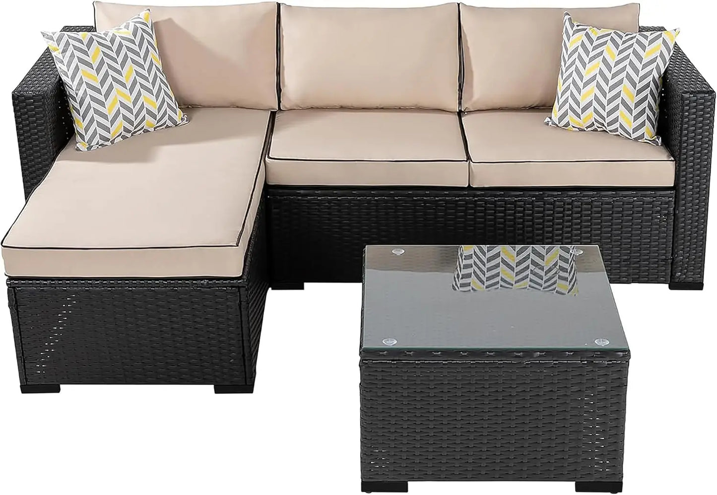 Outdoor 3 Piece Sectional Set With Glass Table And Cushions