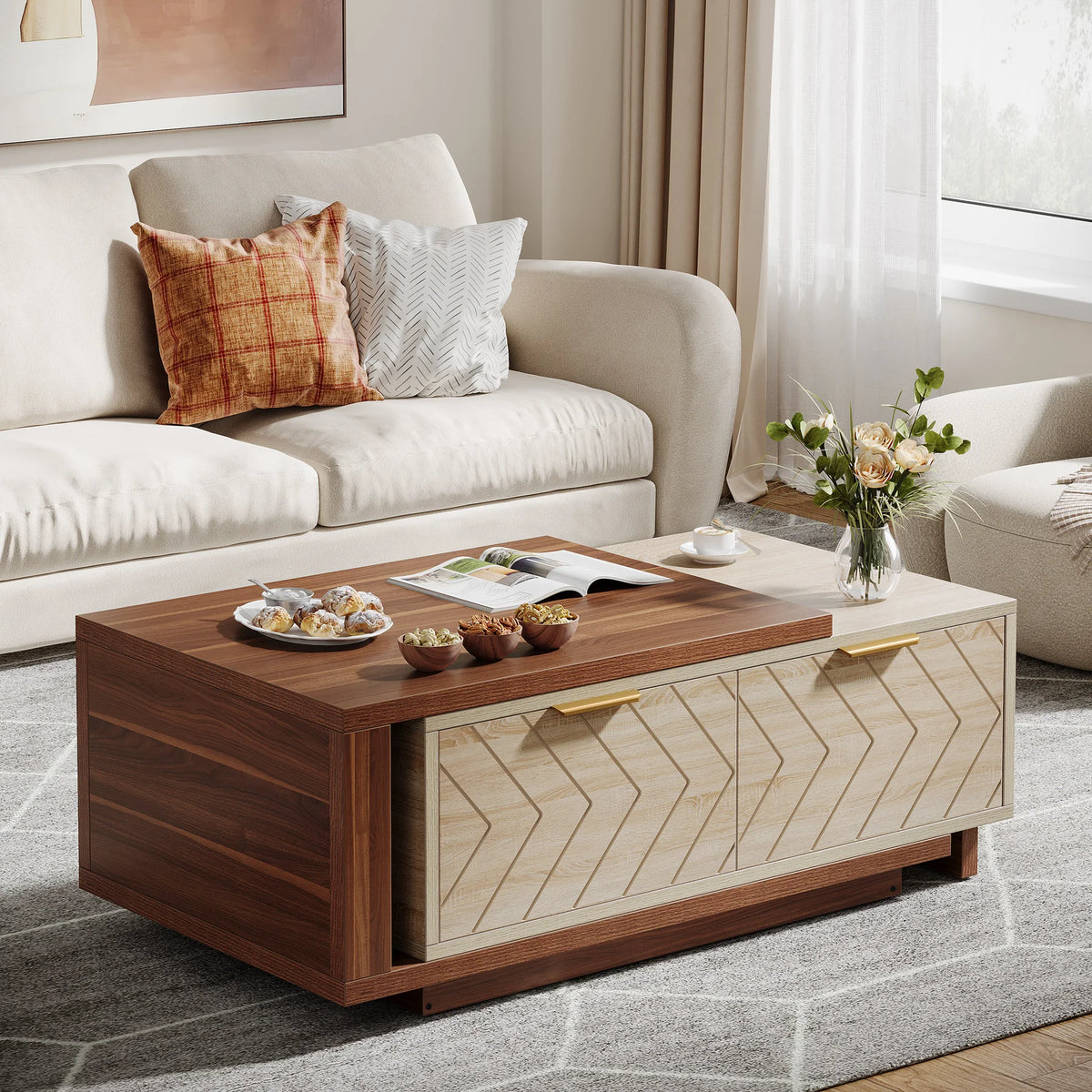 Tribesigns Adjustable Reversible Wood Coffee Table With Storage Drawers