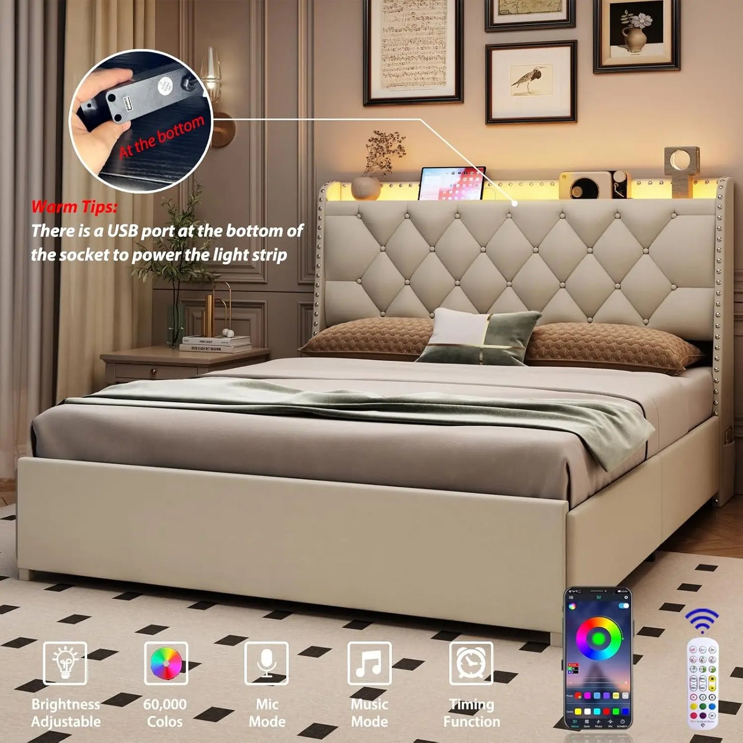 Platform Bed Frame With Storage Headboard And USB Charging