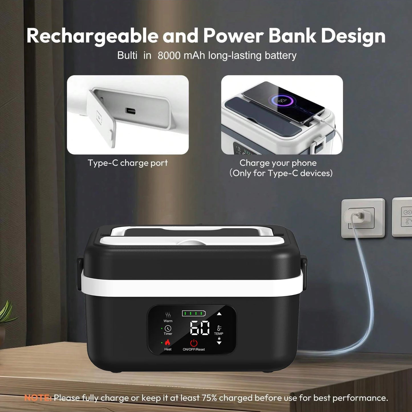 Wireless Insulated Lunch Box With Built In 8000mAh Battery 60W