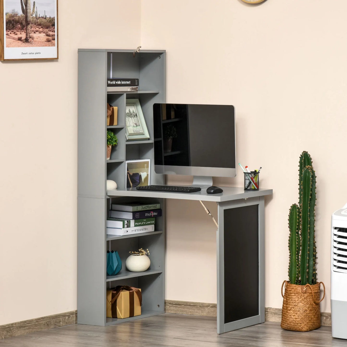 HOMCOM Foldout Convertible Office Desk With Blackboard And Shelf