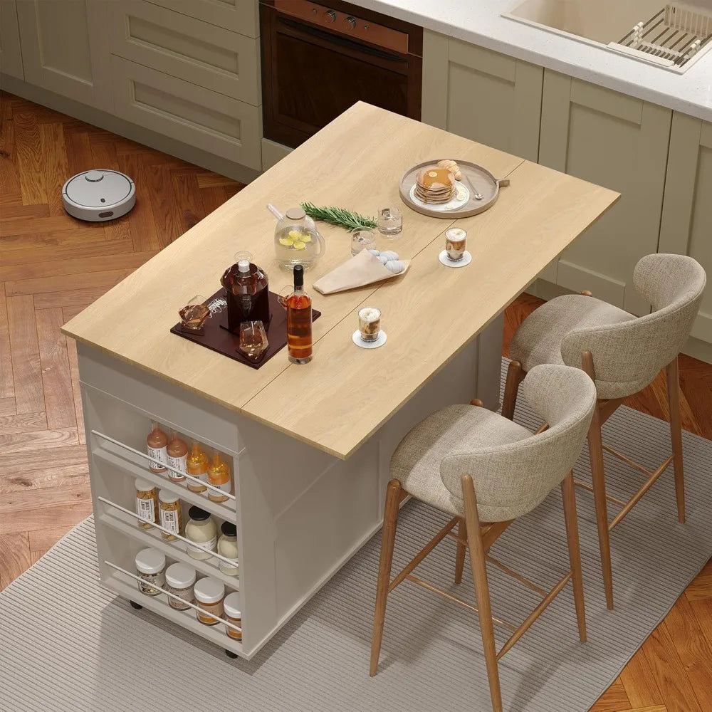 Rolling Kitchen Cart With Wood Top And Storage Cabinet