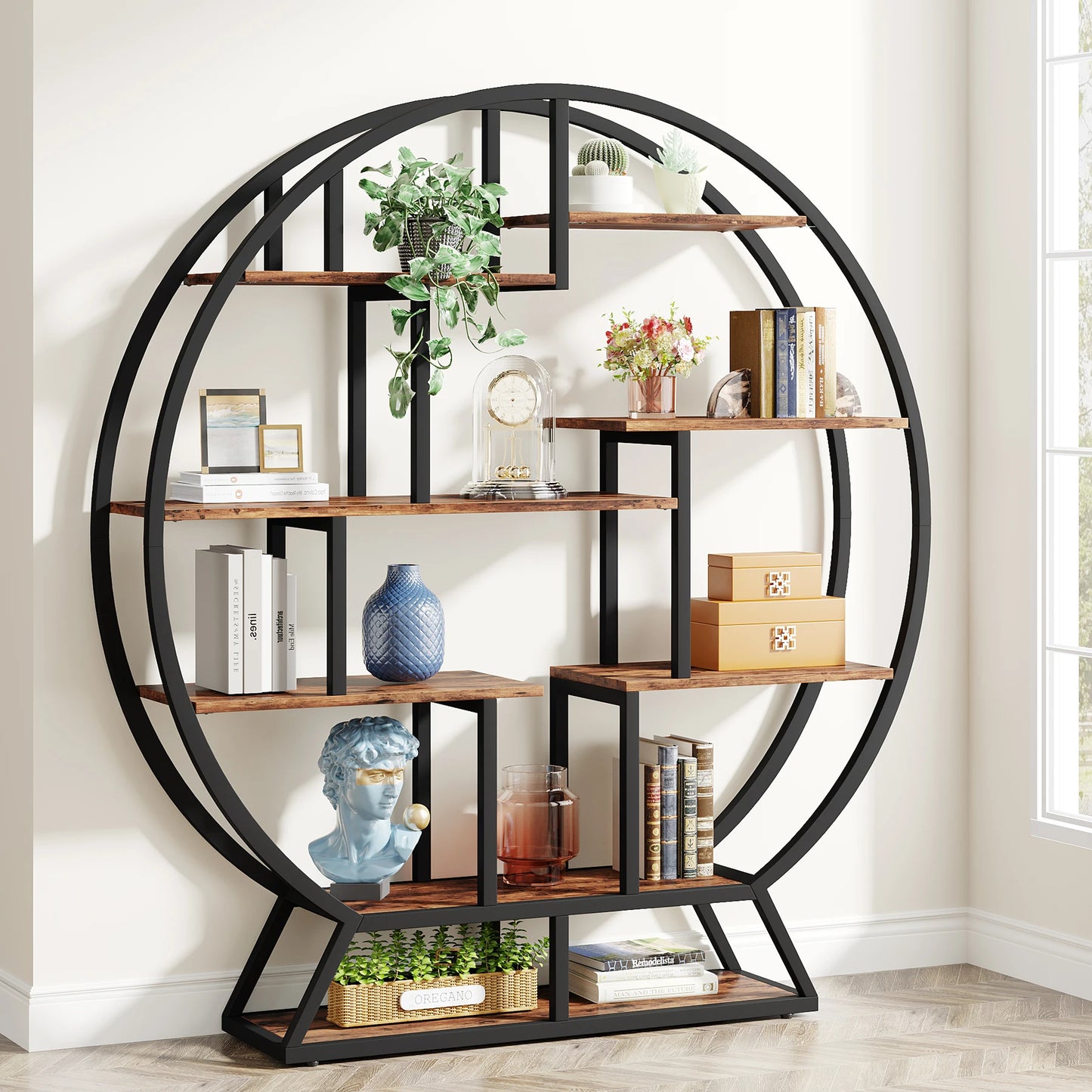 Tribesigns Round Bookshelf Etagere Five Tier Industrial Wood Bookcase