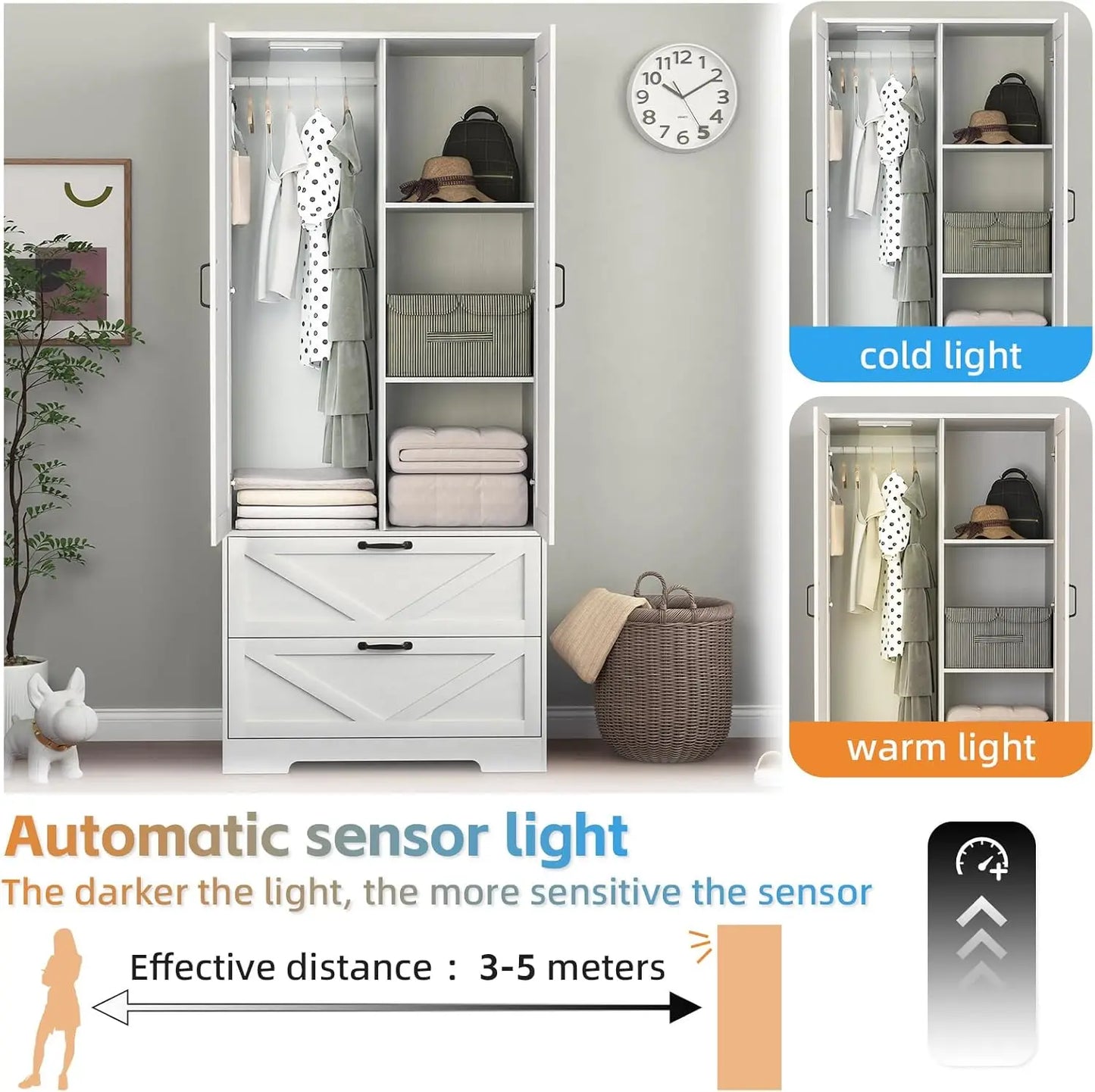 Armoire Wardrobe Closet With Mirror Doors And Hanging Rod Storage