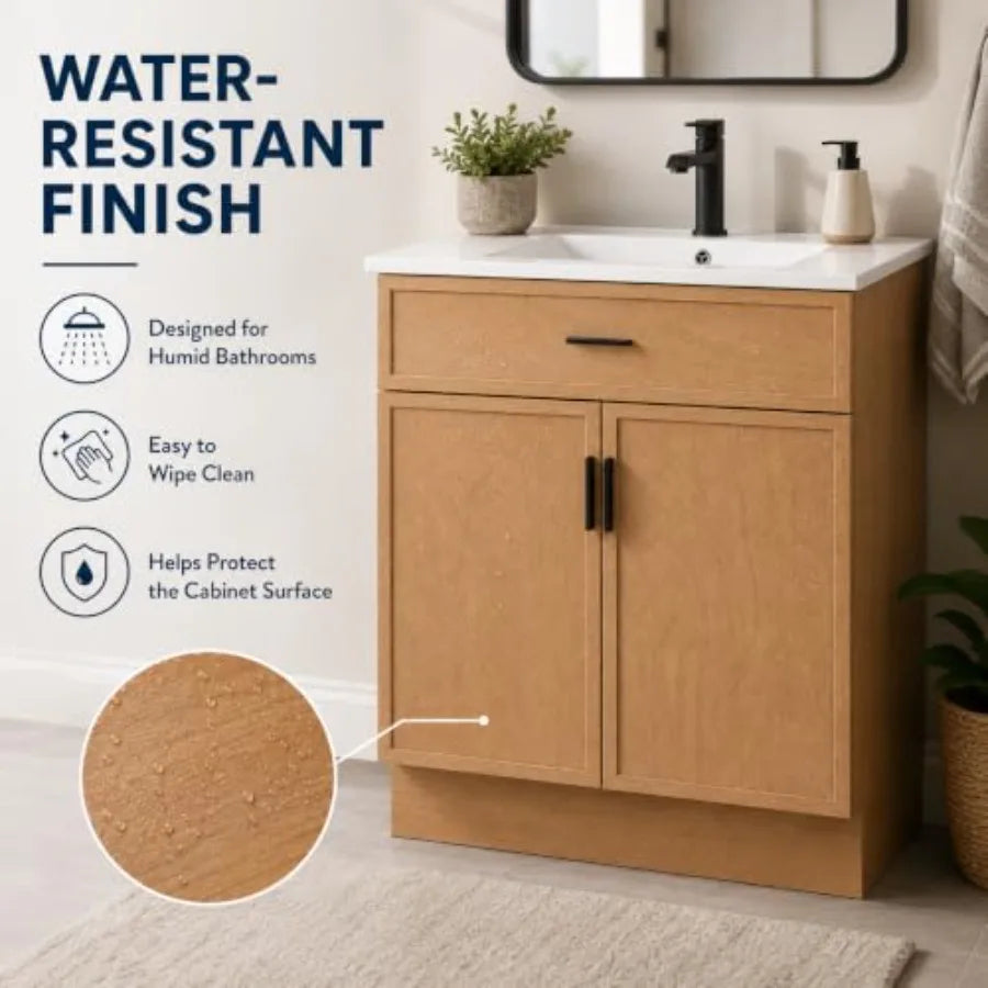Bathroom Vanity With Ceramic Sink And Water Resistant Wood Cabinet