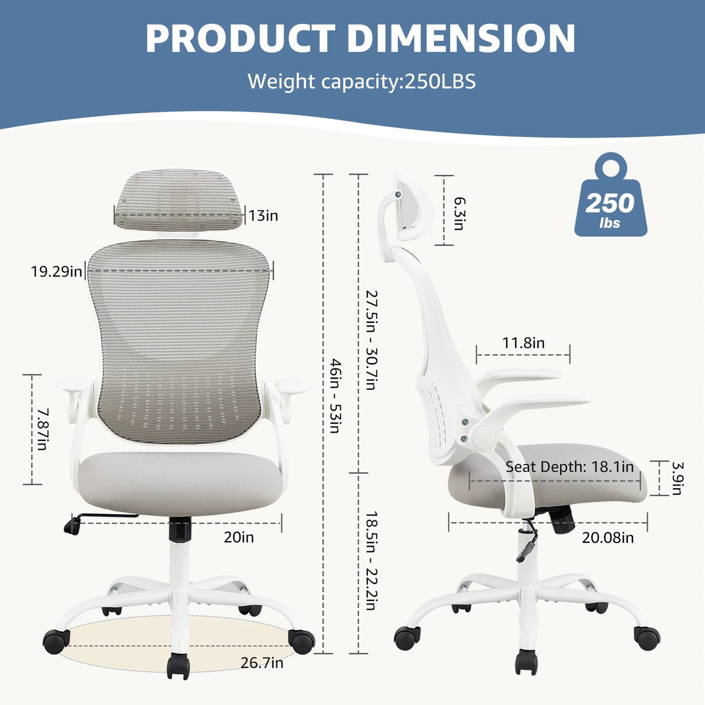 JHKErgonomics Mesh Ergonomic Office Chair with Adjustable Headrest