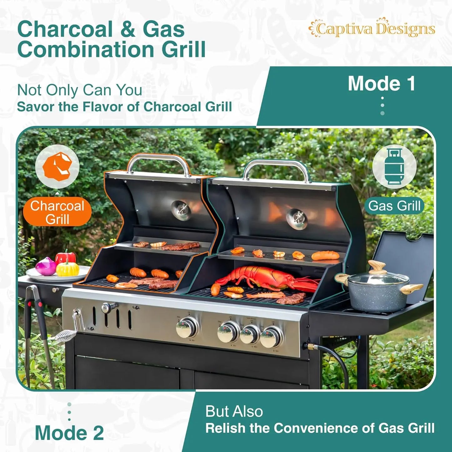 Propane And Charcoal Dual Fuel Grill Combo With Side Burner