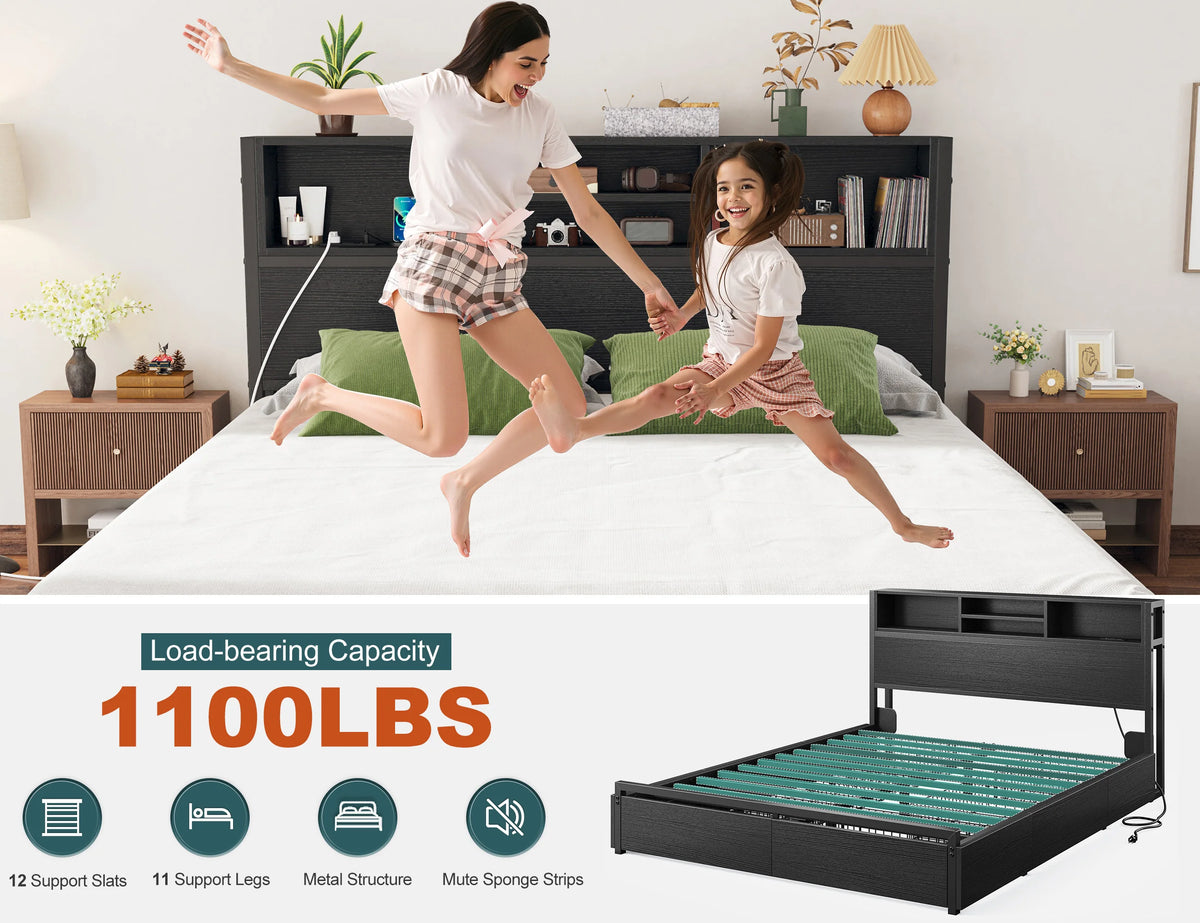 EnHomee Metal Bed Frame With Storage Drawers And Charging Station