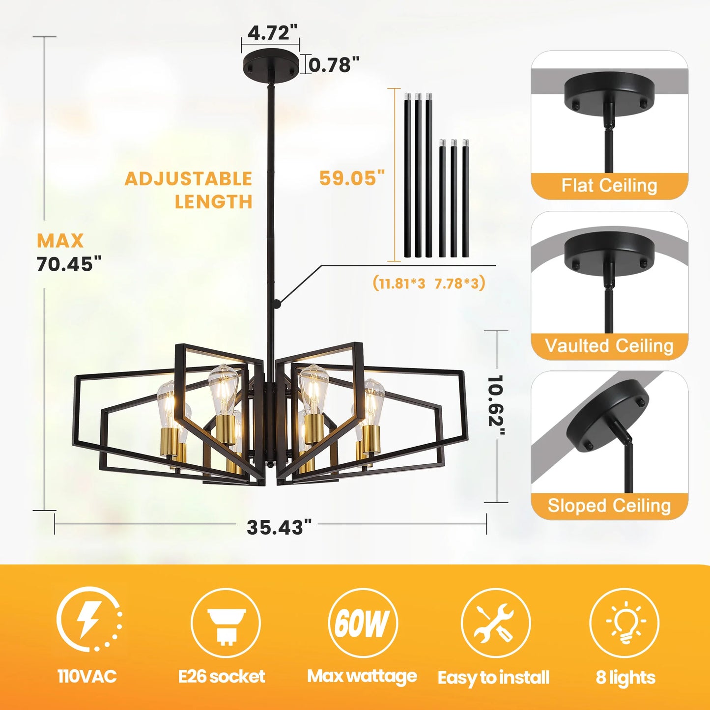 8 Light Geometric Chandelier With Adjustable Height Metal Pendant