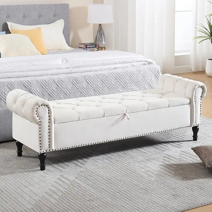 Velvet Tufted Storage Bench With Arms For Bedroom Living Room